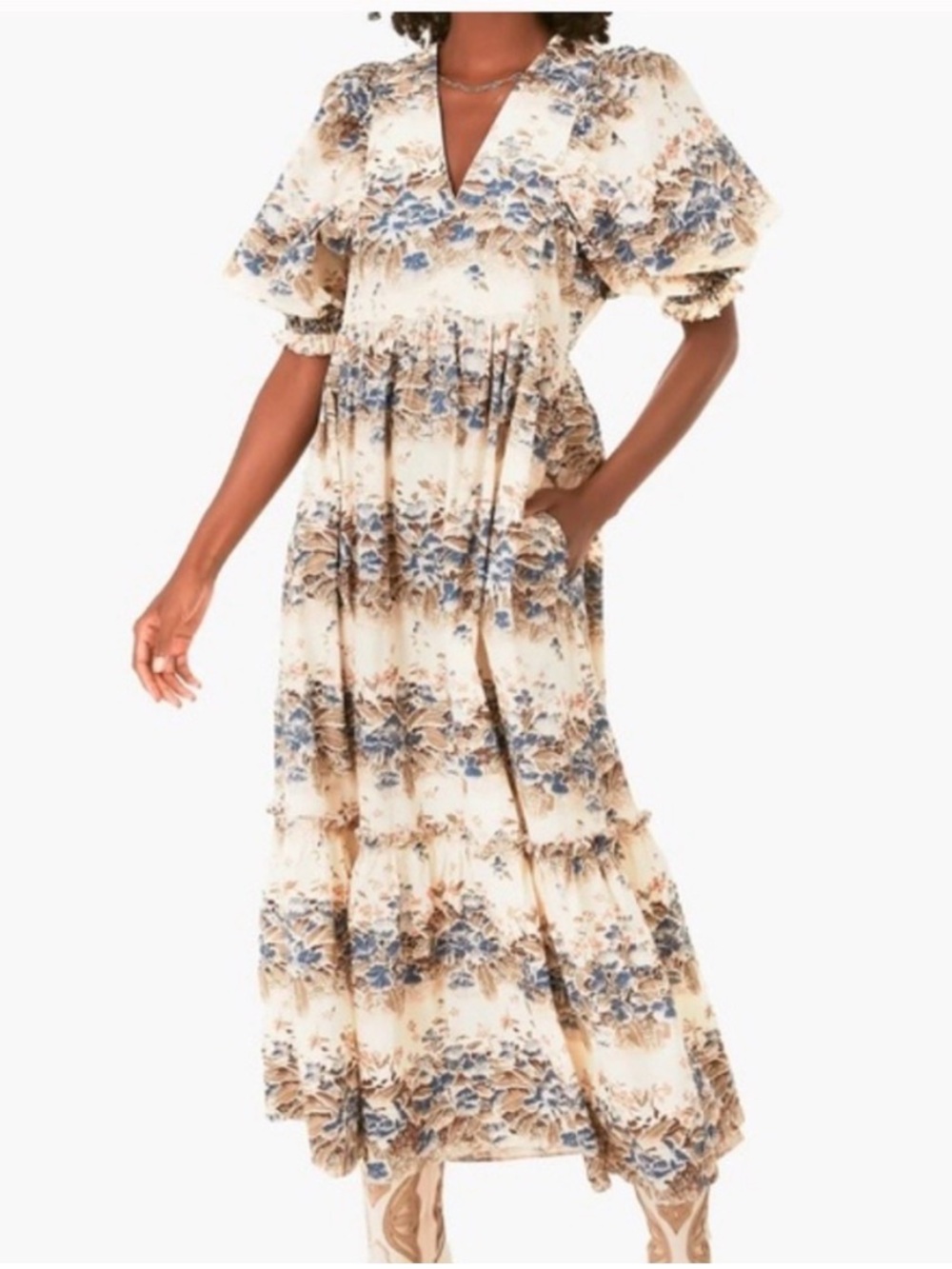 HUNTER BELL Palmer Cream Maxi Dress with Blue and Tan Floral Print